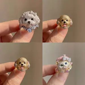 Bichon puppy sweet style dog ring, Teddy design with sparkling diamonds, cute cartoon pet ring for best friends