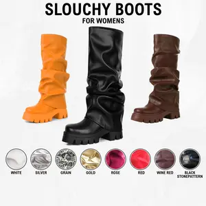 CELNEPHO Slouchy Boots for Women Fold Over Boot Pleated Platform Metallic Combact Boots Chunky Platform Heel Easy Pull on Valentine Gift Party Casual Wear Spring Knee High Boots