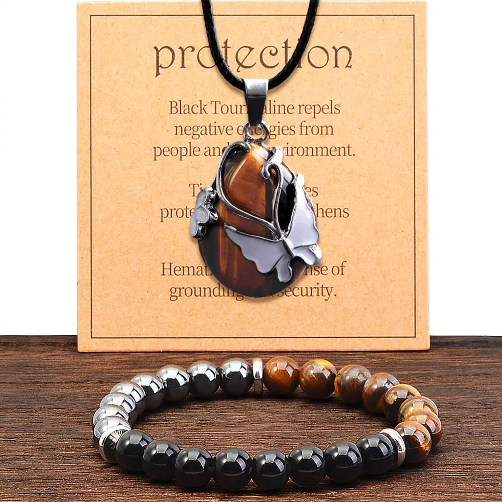 Energy Mens Beaded Necklace and Bracelets,Triple Protection Bracelet and Necklace for Men,8mm Beads (Black Obsidian Hematite Tiger Eye Beaded) Personalized Gifts for Men