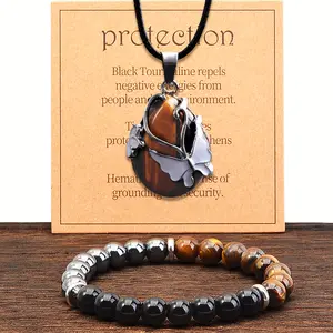 Energy Mens Beaded Necklace and Bracelets,Triple Protection Bracelet and Necklace for Men,8mm Beads (Black Obsidian Hematite Tiger Eye Beaded) Personalized Gifts for Men