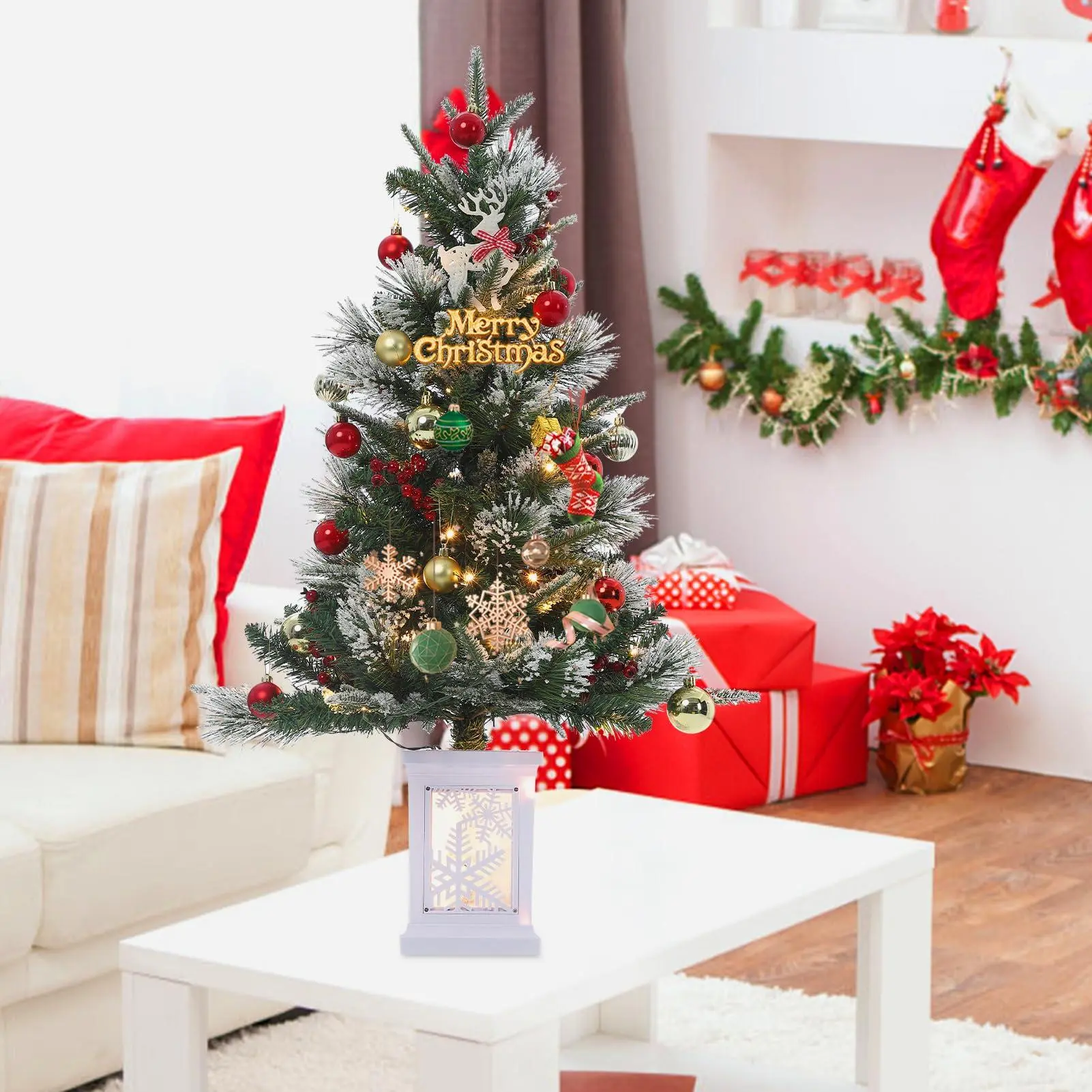 3ft Prelit Snow Flocked Christmas Tree with Snowflake Box Base Battery Operated 36 Inch Mini Tabletop Premium Fir Tree for Holiday Desk Table Decor