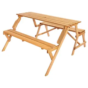 2-in-1 Transforming Interchangeable Picnic Table, Outdoor Wooden Table and Bench Set, Portable Foldable Bench with Umbrella Hole, Patio Dining Furniture for Garden, Backyard, Porch (Brown)