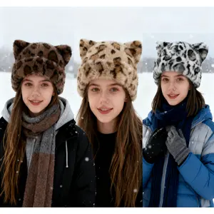 Women's Ear Hat Faux Fur Leopard Hat Cat Ear Beanie Winter Warmer Cap Party Cosplay Cheetah Hat Ultra Soft Fuzzy One Size Fits Most Teens Adults