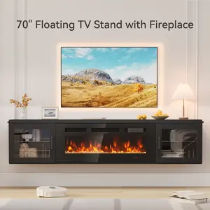 【Ships in 2 Packages】70" Floating TV Stand with 36" Electric Fireplace, High Gloss Finish Wall Mounted Fireplace Entertainment Center with Storage for TVs Up to 80", Black TV Stand and Black Fireplace