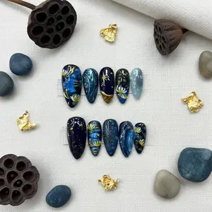 Midnight Daisy Garden Press On Nails, Handpainted Blue Ocean Waves & Starfish Nails