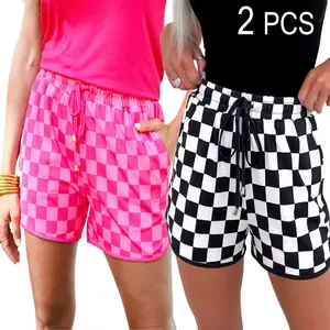 Znacicc Women's 2-Piece Checkered Adjustable Drawstring Elastic Waist Casual Shorts with Pockets