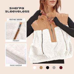 Lannew Womens Cropped Vests Outerwear Color Block Half Zipper Fleece Sherpa Sleeveless Winter Coats Jackets with Pocket
