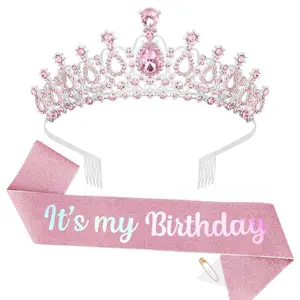 PLL Birthday Crown for Women  It's My Sash & Rhinestone Tiara Set Princess and Decorations Girls- Pink