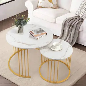 Nesting Coffee  Set Of 2, Round , Morden End Side  Night Stand For Bedroom Dining Room Mirrored Console Table with Inlay Marble Mobile Standing Desk Wheels