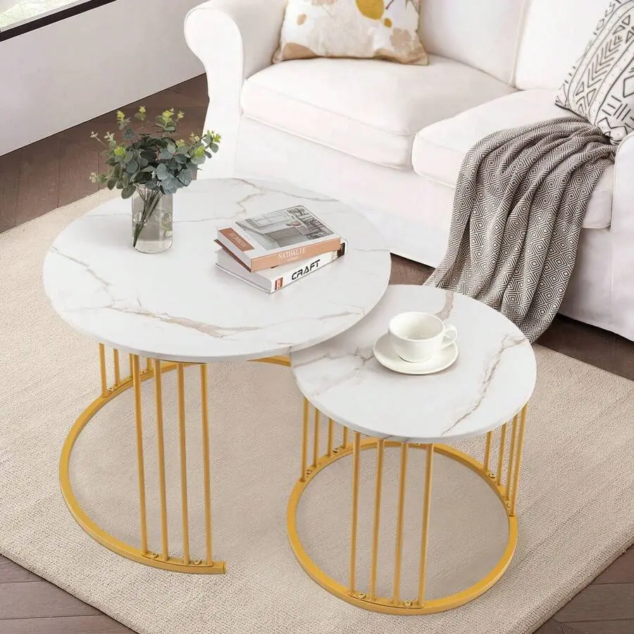 Nesting Coffee  Set Of 2, Round , Morden End Side  Night Stand For Bedroom Dining Room Mirrored Console Table with Inlay Marble Mobile Standing Desk Wheels
