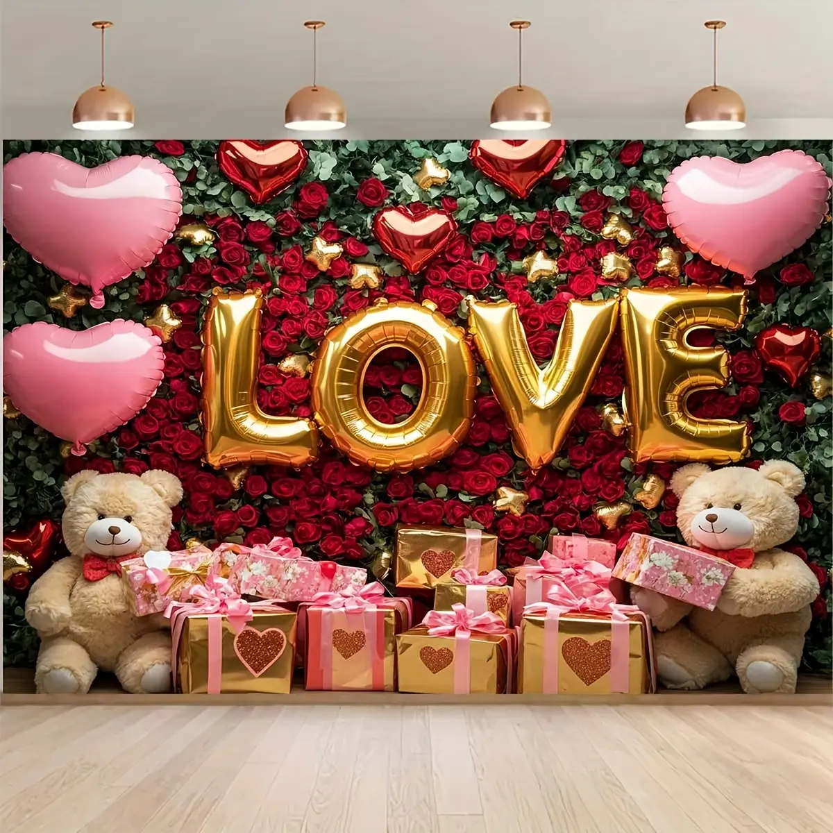 1pc 2D Flat Backdrop Banner, Polyester Fabric Decor with Romantic Red Roses, Golden Balloons, "LOVE" Lettering for Weddings, Valentine's Day Celebrations
