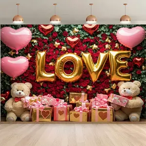 1pc Summervibes 2D Flat Backdrop Banner, Valentine's Day Birthday Love Print Decor with Romantic Red Roses, Golden Balloons, "LOVE" Lettering, Durable Polyester Fabric for Weddings, Indoor-Outdoor Celebrations