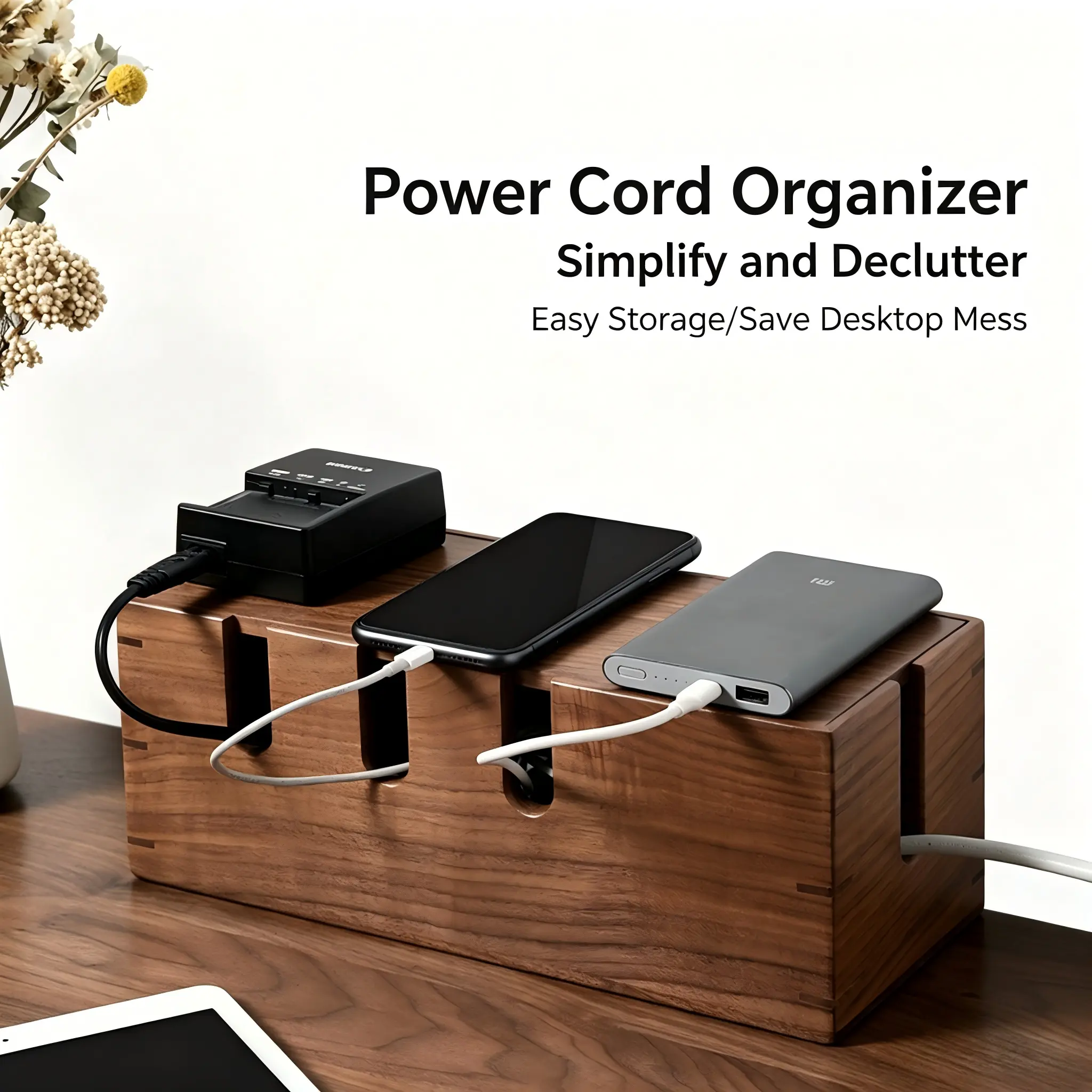 Wooden Cable Management Box, Cable Organizer Box & Cable Storage Box for Power Strip, Cable Hider Box, Desk Cord Organizer, Under Desk Wire Storage, TV Stand Cable Concealer for Home Office
