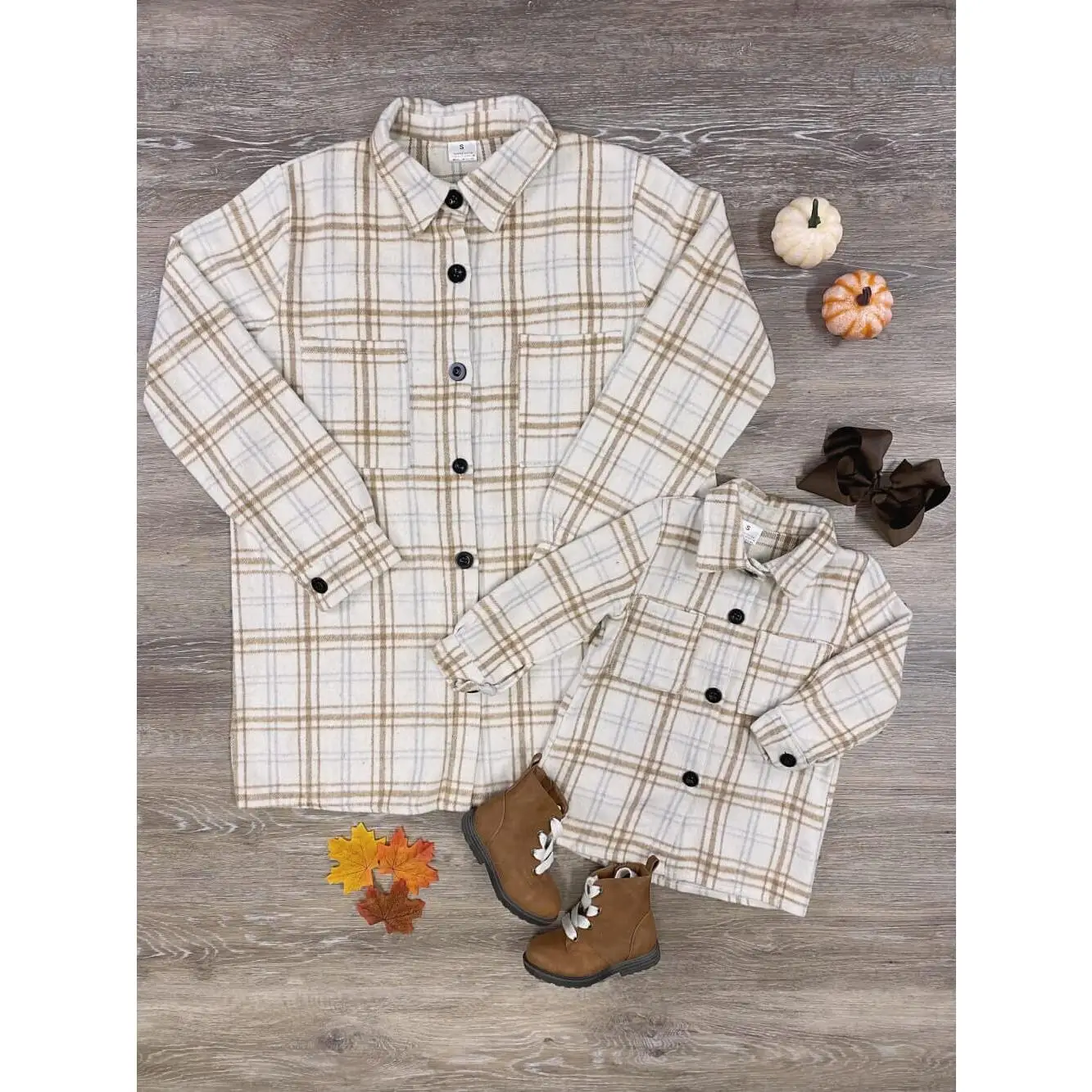 Mom and Me - Matching Cream & Tan Plaid Button Down Fall Shacket for Mother Daughter