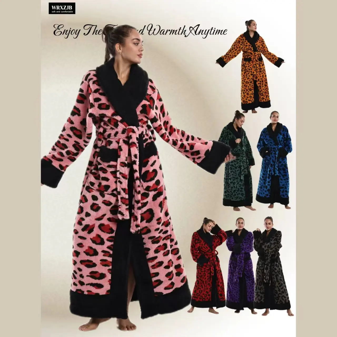 European Leopard Style Fleece Bathrobe, Thick Warm Winter Blanket, Reversible Collar, Pockets & Belt, Multiple Colors, Loungewear, Nightwear
