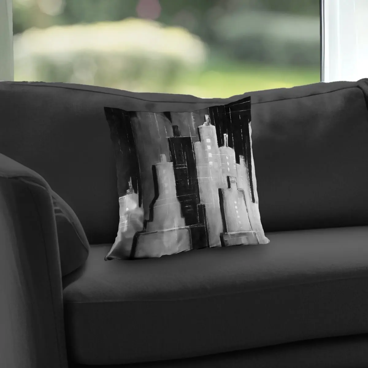 Begin Home Decor C1PT1414MIXY5A 14 x 14 in. Abstract Black & White Cityscape Throw Pillow - Home Decor