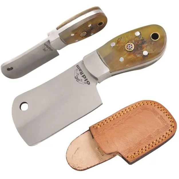 Old Ram 5-in Stainless Steel Short Horn Fixed Blade Cleaver Knife - Silver Bolsters, Mosaic Pins, Durable Handcrafted Precision, Compact Leather Case, Traditional Kitchenware for Cutting, Camping & Hiking Outdoor Use