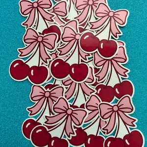 Cherry Vinyl Stickers with Pink Bow Design for Decorative Use 8pc