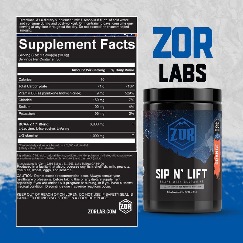 Zor Labs Sip N' Lift BCAA Powder with Glutamine & Electrolytes - Amino Acids Supplement for Intra Workout Hydration & Post Workout Recovery - Branched Chain Amino Acids (BCAAs)
