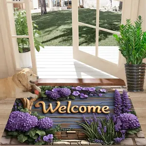 Floral Theme Door Mat, Hydrangea & Lavender Print Welcome Rug, Flannel Carpet, Home Decor for Entryway, Living Room, Bedroom