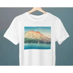 Men's artistic landscape featuring Sakurajima volcano in Kagoshima Graphic T-Shirt - Short Sleeve Crew Neck Regular Fit Casual Wear | Soft & Breathable Fabric, Durable Print, Everyday Comfort, Machine Washable, traditional Japanese woodblock print a