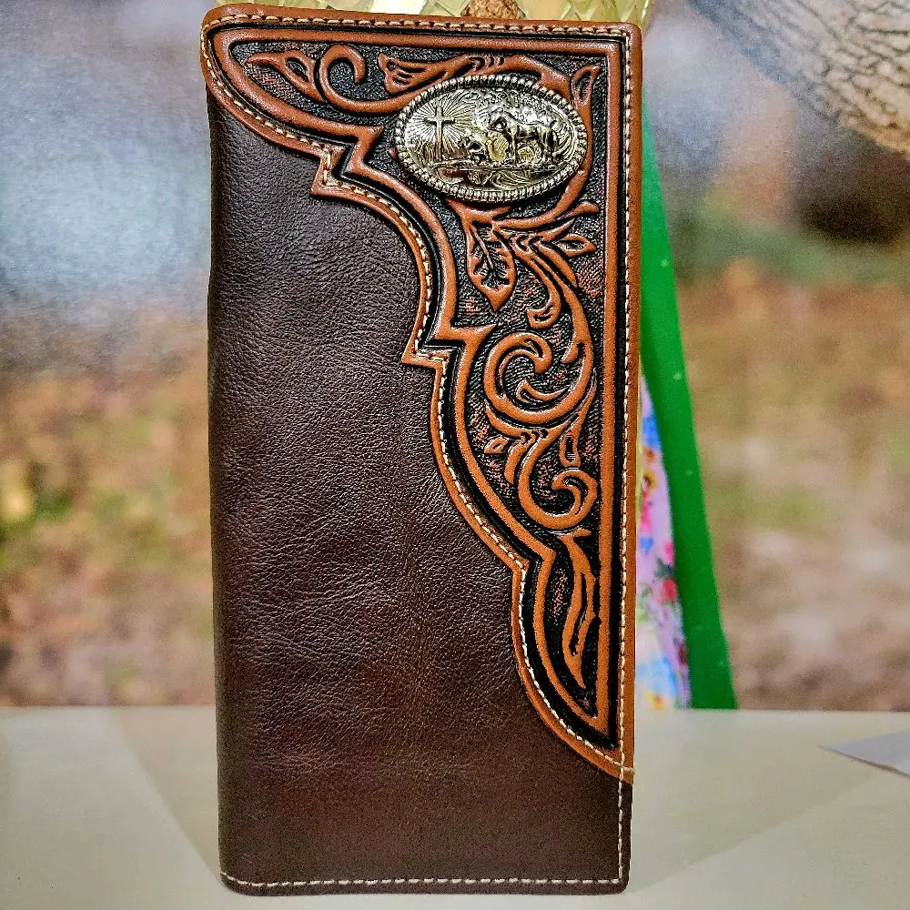 Praying Cowboy Western Genuine Leather Wallet Handtooled Bi-Fold 7 Inches Long with 13 Credit Card Slots, 4 Cash Compartments & Back Pocket brown and teal
