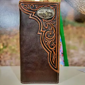 Praying Cowboy Western Genuine Leather Wallet Handtooled Bi-Fold 7 Inches Long with 13 Credit Card Slots, 4 Cash Compartments & Back Pocket brown and teal