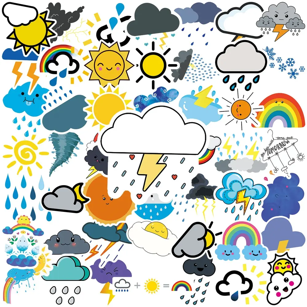 50Pcs Cute Weather Cartoon Vinyl Stickers, Sun Cloud Rainbow Lightning Cloud Decals, Waterproof Aesthetic Sticker Pack for Car Window Dashboard, Helmet, Laptop, Water Bottle, Skateboard, Luggage, Journal, Phone Case, Kids Teens Fun Weather Theme Decor