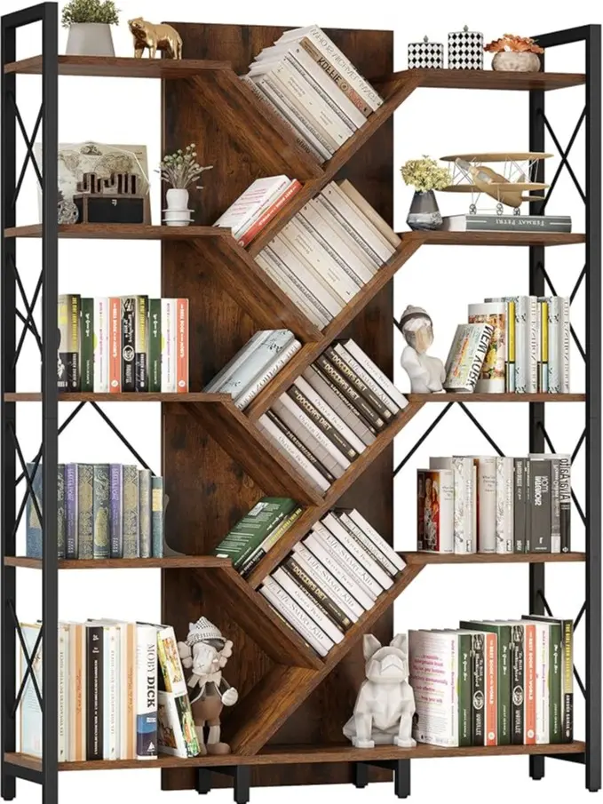 DWVO Industrial 5-Tier Tree Bookshelf - Tall Shelf Furniture for Home Library, Interior Design, Bedroom & Living Room, Rustic Brown Standing Organizer Display Rack