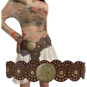 Chunky Belts for Women Western Style, Boho Wide Disc Concho Leather  Belt Vintage Country Circle y2k Belt