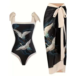 [Retro Swimsuit] Conservative One-piece Hot Spring Swimsuit Set Women's Chiffon Cover Up New Retro European And American Foreign Trade