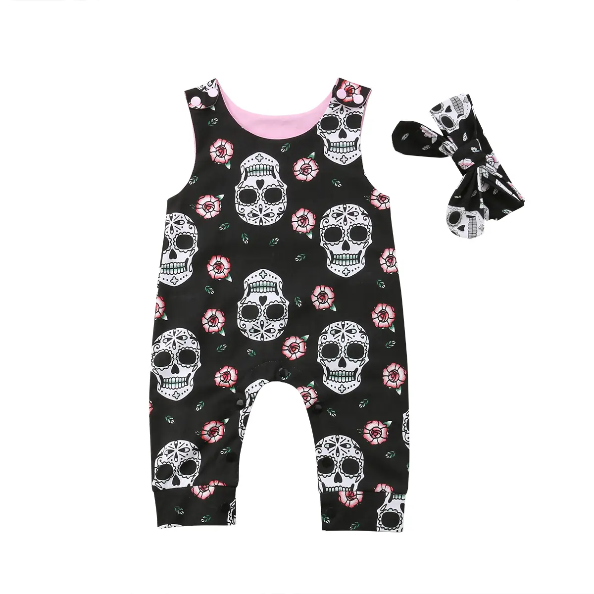 Baby Girls Floral Sugar Skull Black Cotton Sleeveless Romper and Headband 2pcs Halloween Outfit
