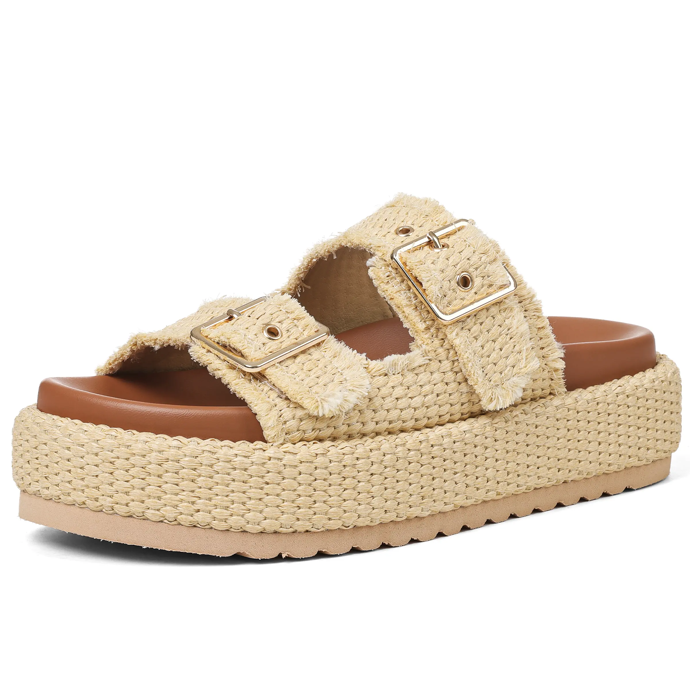Clearance Sale Womens Frayed Raffia Woven Platform Slide Sandals Double Buckle Espadrille Flatform Slip On Summer Shoes Comfort Cushioned Non Slip Casual Footwear For Beach Vacation Daily Outings