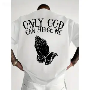 Men'S "Only God Can Judge Me" Graphic T-Shirt - Casual Crew Neck, Loose Fit, Short Sleeve Top, Polyester,  Praying Hands Design, Spring/Summer Outdoor Wea