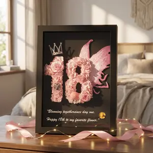 cute couple gifts flower shadow box Personalized Pink Rose Number 18 Frame Present, Romantic Keepsake for Girlfriend BFF, Fairycore Decor Display with Crown, Aesthetic Room Decor Milestone Gift