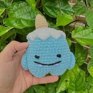 Ice Cream Monster Handmade Crochet Soft Polyester Yarn Adorable Plush Blue Character with Cream Cone Topper