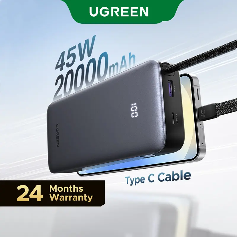 UGREEN Nexode Power Bank 20000mAh 45W with Built-in Cable, Fast Charging Portable Charger for iPhone 17 Pro/Samsung S25 Ultra/iPad Pro, 3-Port External Battery Pack with Digital Display, Travel Ready,Summer Sale