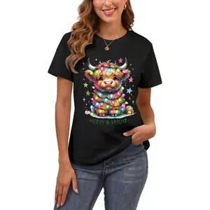 Women's Casual Christmas Calf Graphic Round Neck  Short Sleeve T-Shirt