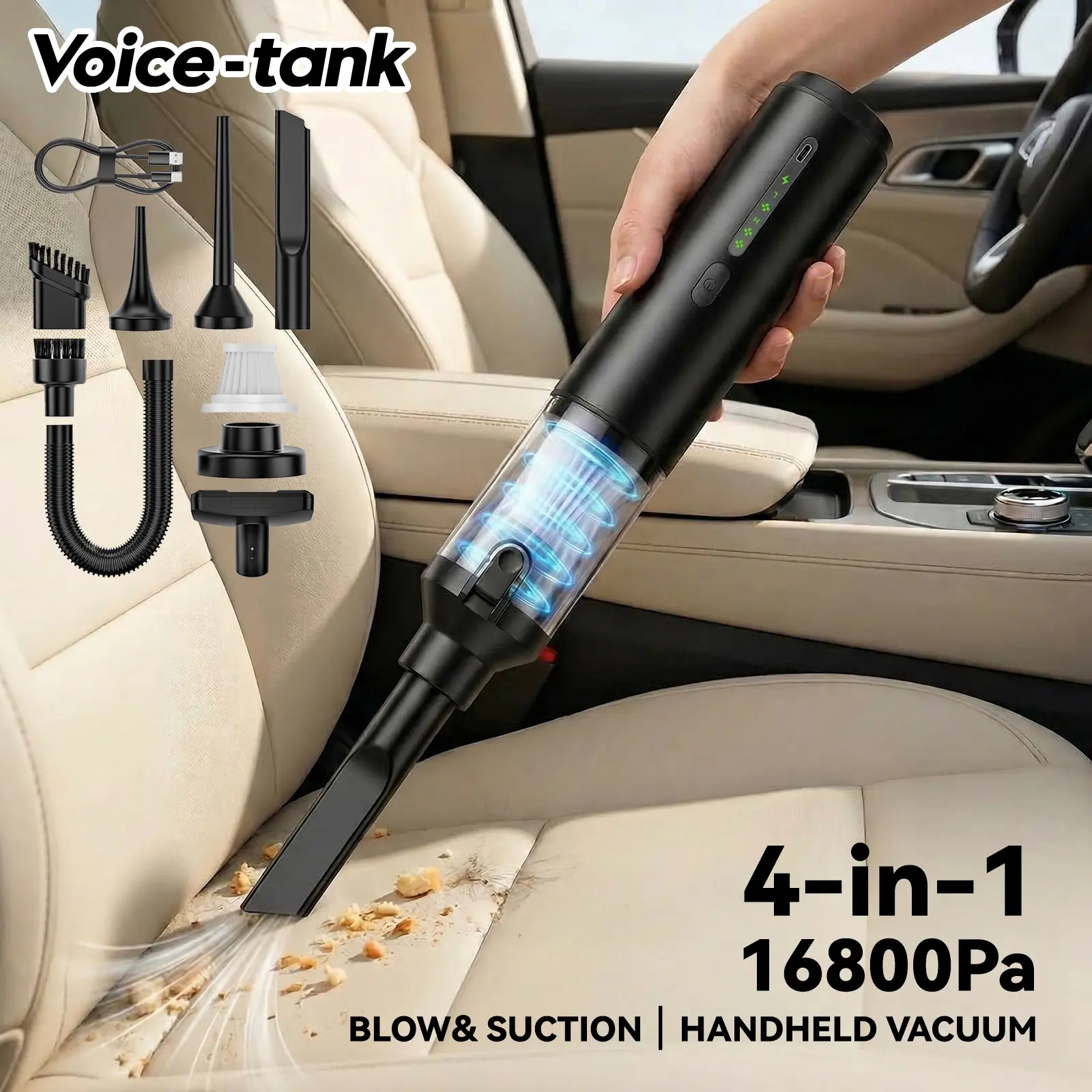 Voice-Tank 2026 4-in-1 Cordless Handheld Vacuum Cleaner, Portable Mini Cleaner for Pet Hair, Car Detailing, Home & Office, Must-Have Car Gadget, High-Power Handheld Vacuum with Blower & Inflator,  with 2 Suction Modes, Car Cleaning Supplies Kit