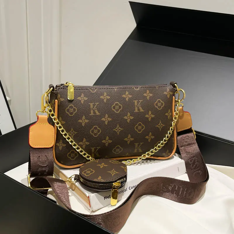 Printed 3 in 1 Crossbody Bag for Women, Fashion Chain Shoulder Purse with Coin Pouch & Wide Strap, Trendy Daily Clutch Handbag