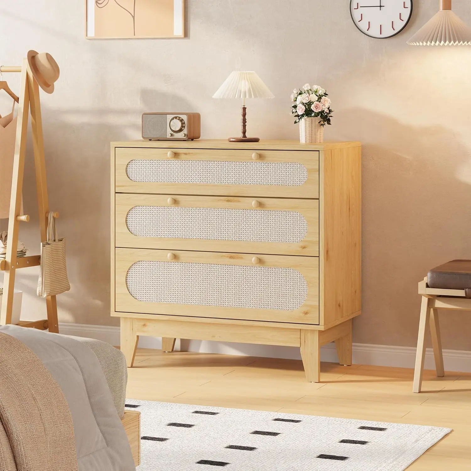 3-Drawer Natural Finish Rattan Drawer-Equipped Makeup Vanity - Modern Indoor Bedroom Furniture with Wooden Handles, Wooden Legs, and Anti-Tip Kits, Drawer-Equipped Makeup Vanities