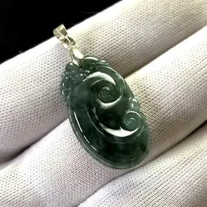 Natural Translucent Green Jade Jadeite Carving Pendant 31x17mm, Free Necklace