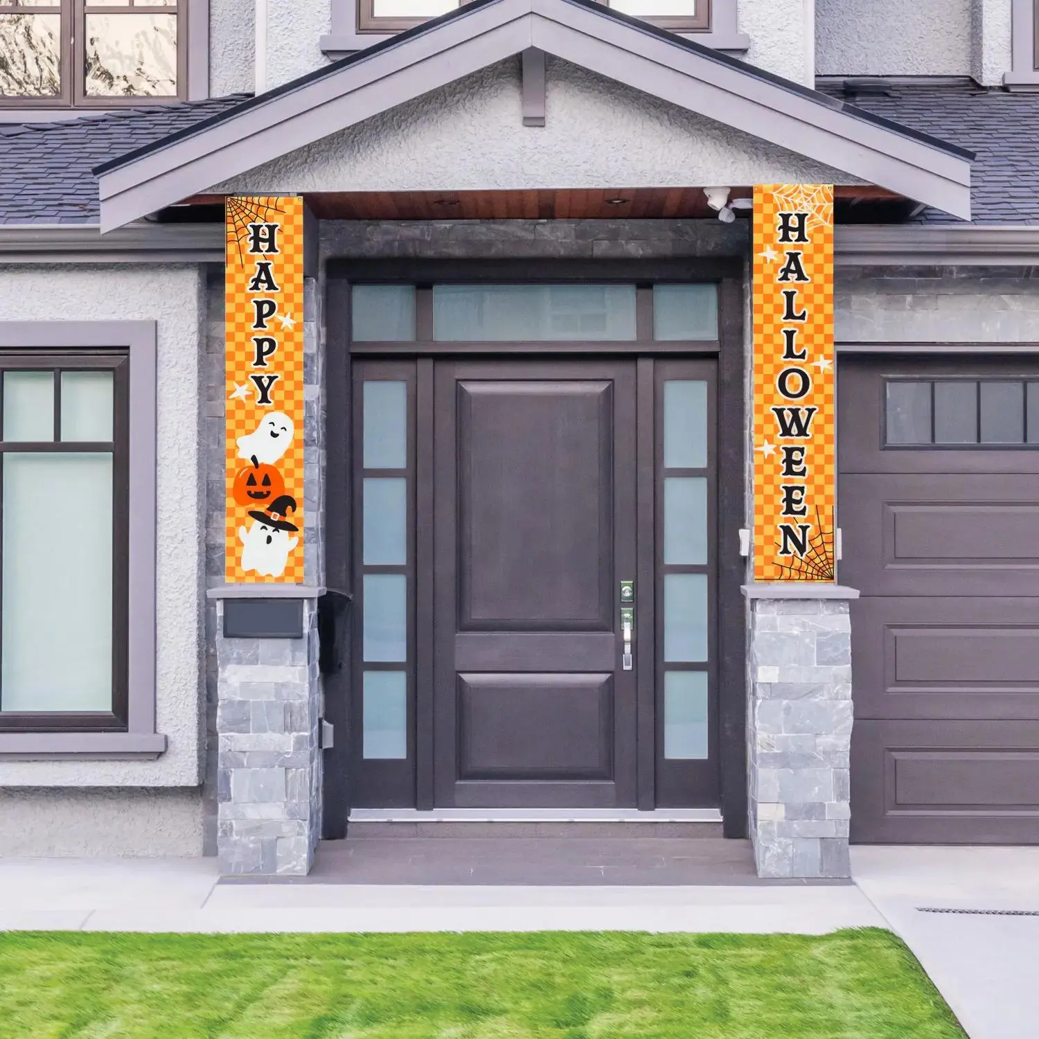 Fun & Fa-Boo-Lous Halloween Orange Checkerboard Vertical Banners Set - 6 ft, 2 pc