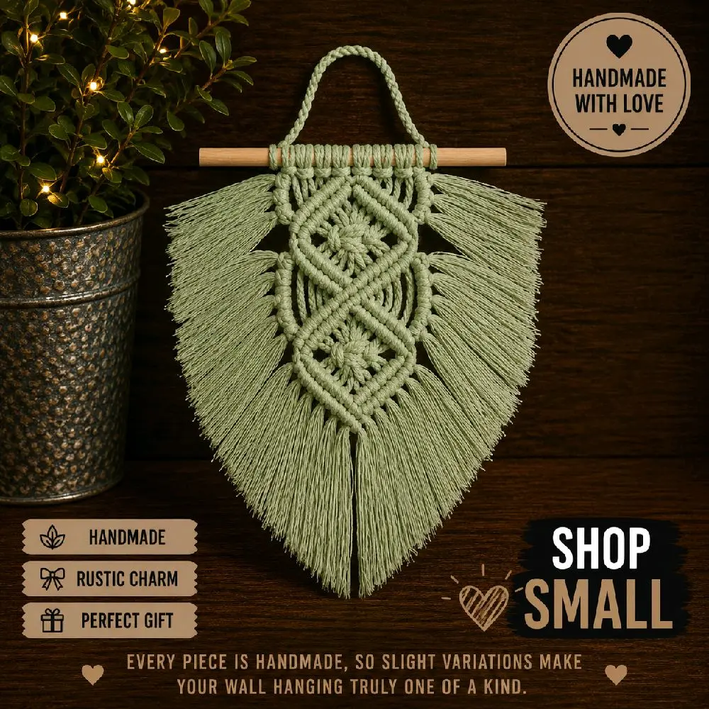 Handmade Sage Green Macramé Wall Hanging | Boho Fiber Art | Woven Wall Décor | Rustic Home Decoration | 9 x 9 Inch Macramé Hanging