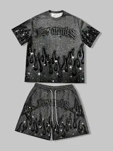 Y2K Dark Grunge Rhinestone Flame Print Matching Set, Black Vintage Washed Short Sleeve T-shirt and Elastic Waist Shorts, Loose Fit Streetwear Tracksuit, Summer Essential for Daily Outings, Street Style & LA Inspired Looks, Casual Vibe Outfits
