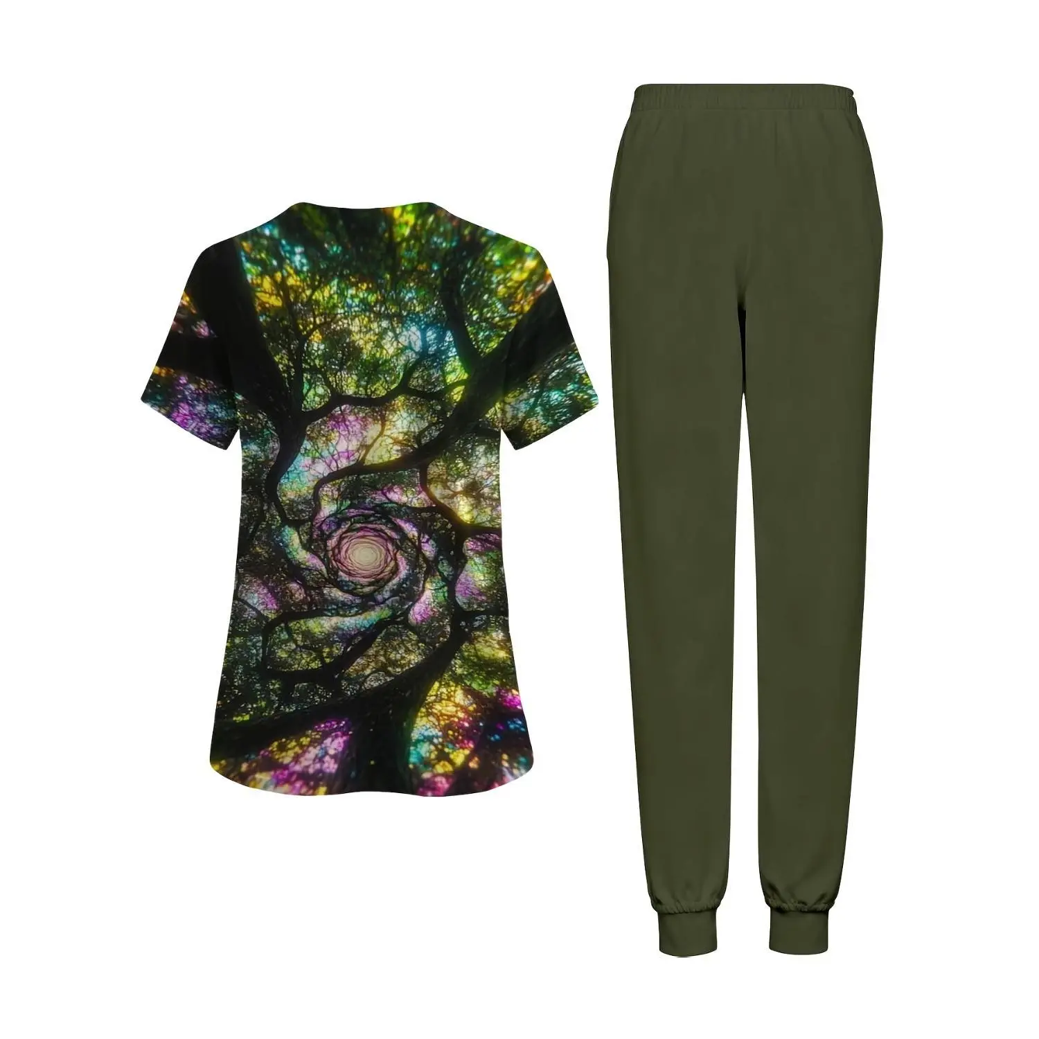 Plus-Size Women's Psychedelic Tree Print Top & Olive Green Jogger Pants Two-Piece Set - Everyday Casual Loungewear, Perfect for Daily Wear, Holiday Gifts, and Relaxed Athleisure