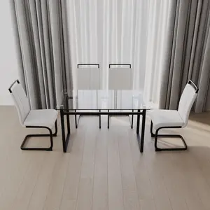 51 Inch Glass Dining Table Set for 4 Modern Rectangle Tempered Glass Top with Metal Legs & PU Armless Chairs for Kitchen Dining Room