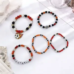 5 PCS Football-Themed Multicolor Beaded Elastic Bracelet Set Soccer Charms Letter Beads Stackable Accessories gift men