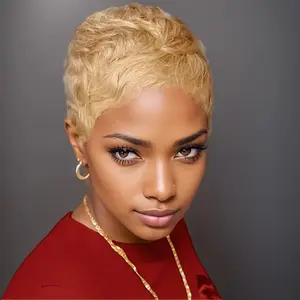 Brazilian Human Hair Pixie Cut Wig for Women Honey Blonde 180% Density Straight Short Wig with Bangs Non Lace Front Rose Net Cap for Party Cosplay Daily Use No Brand