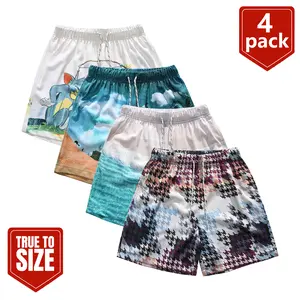 4-Pack Men's Summer Cartoon Print Mesh Shorts – Polyester Quick Dry, Elastic Waist, Loose Fit, XS-XL, 40-48cm Inseam, Machine Washable, USA Stock